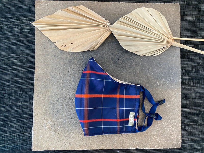 Japanese Vintage Silk Kasuri Mask (Navy x Red Plaid)