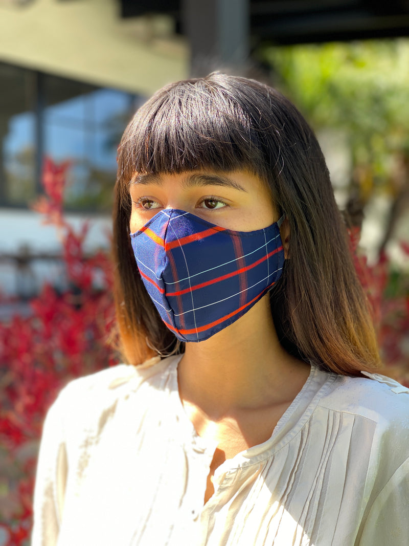 Japanese Vintage Silk Kasuri Mask (Navy x Red Plaid)