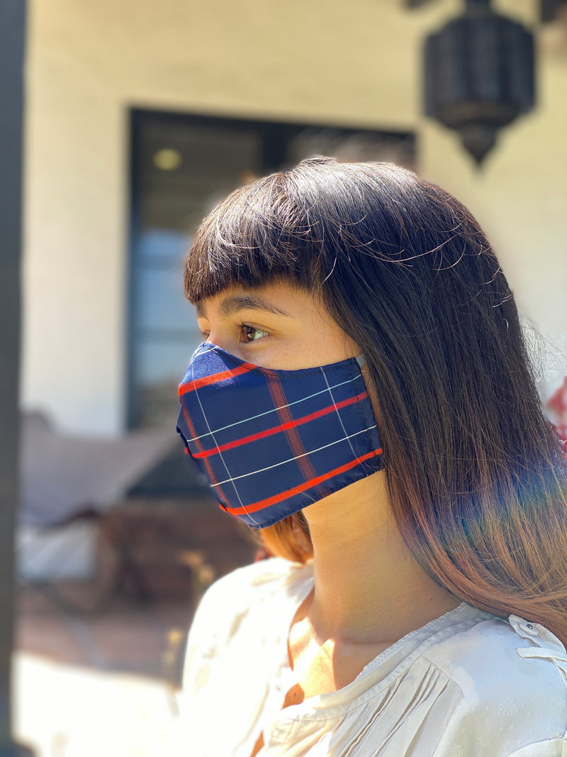 Japanese Vintage Silk Kasuri Mask (Navy x Red Plaid)